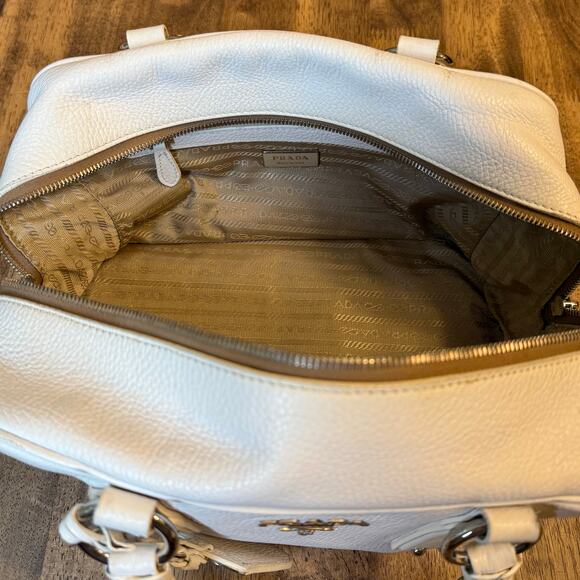 Prada Vitello Daino Handbag Pebbled Leather Braided Handle Zipper Lock Off-White - Picture 10 of 13